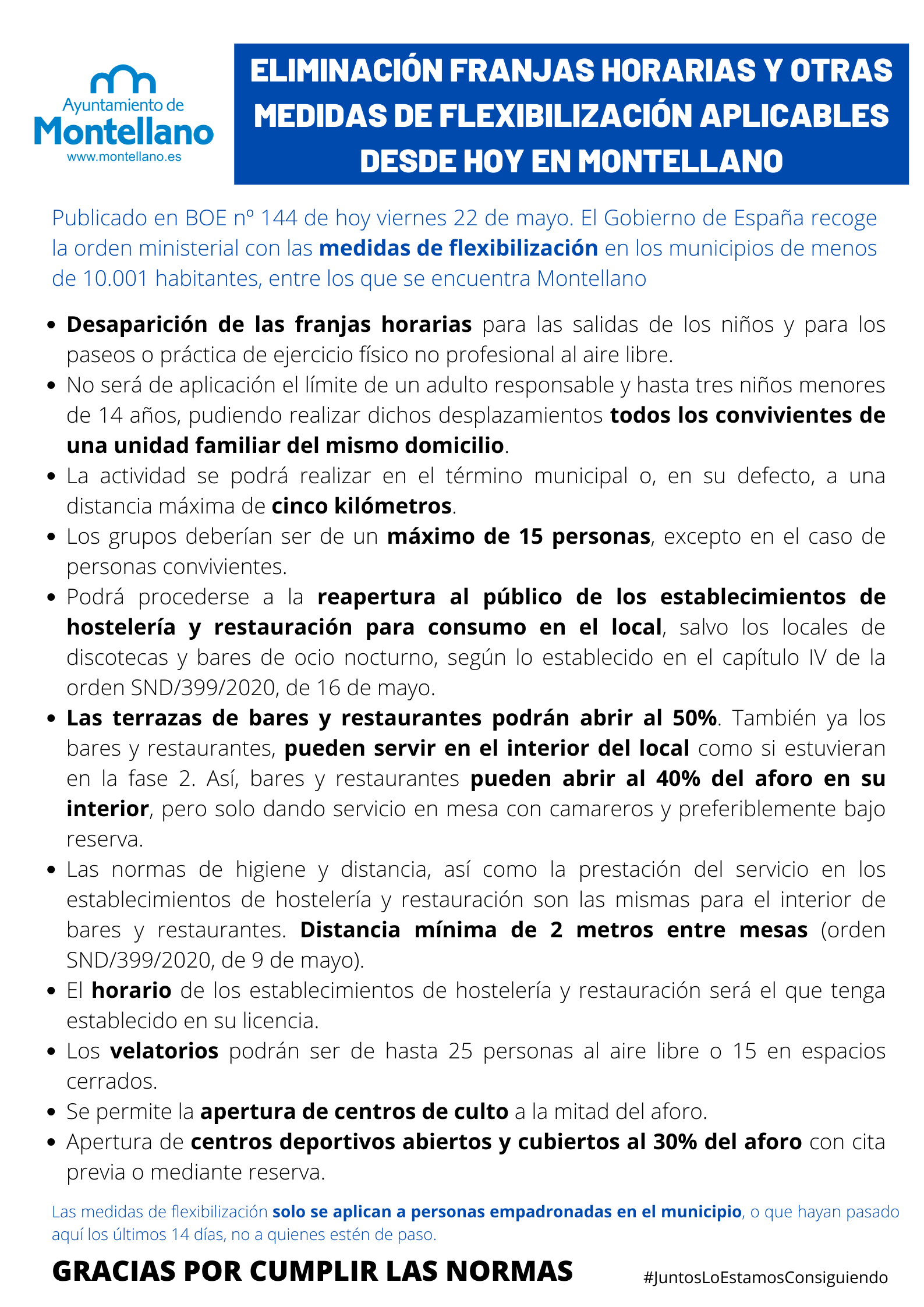 ELIMINACIÓN FRANJAS HORARIAS Y OTRAS MEDIDAS DE FLEXIBILIZACIÓN APLICABLES DESDE HOY EN MONTELLANO